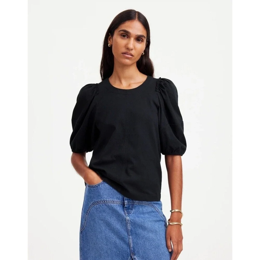 NWT Madewell Puff Sleeve Top Women Small Black Mixed Media Poplin‎ NV971